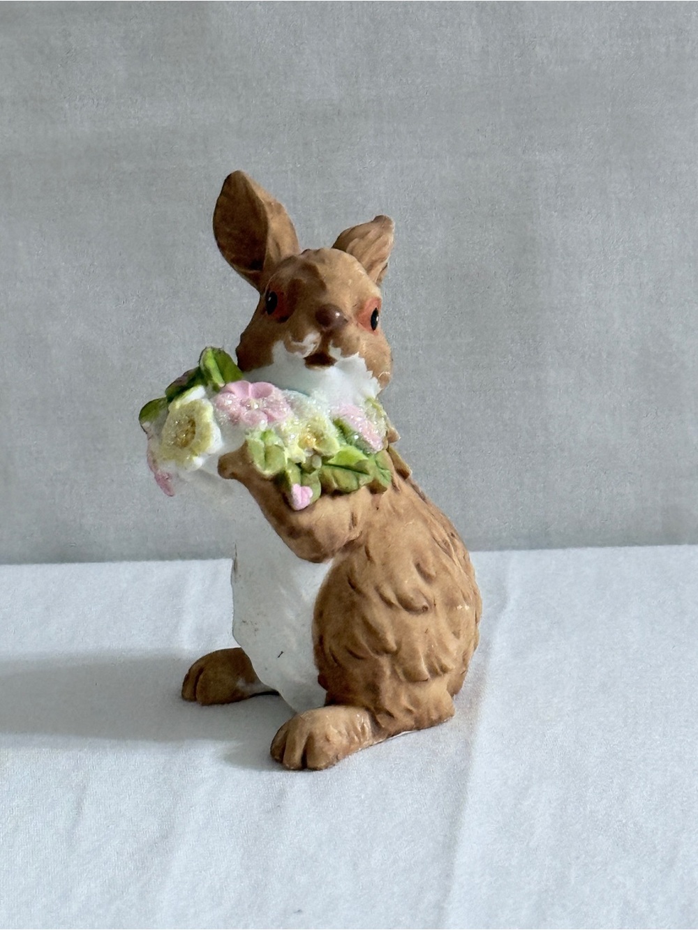 Rustic Brown Bunny Figurine with Pastel Flower Garland